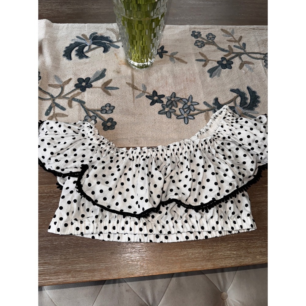 Suboo Polka Dot‎ Crop Top Off Shoulder Ruffle Trim White Black XL - Picture 3 of 9